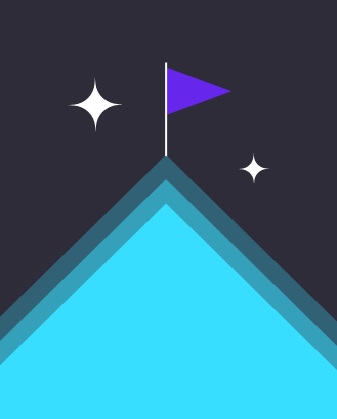 Un pico de montaña estilizado con una bandera morada en la cima.