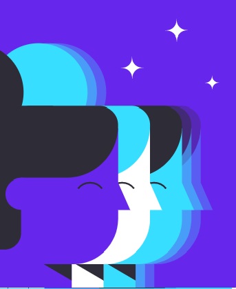 Un colorido gráfico que presenta perfiles estilizados y simplificados de tres rostros diversos.